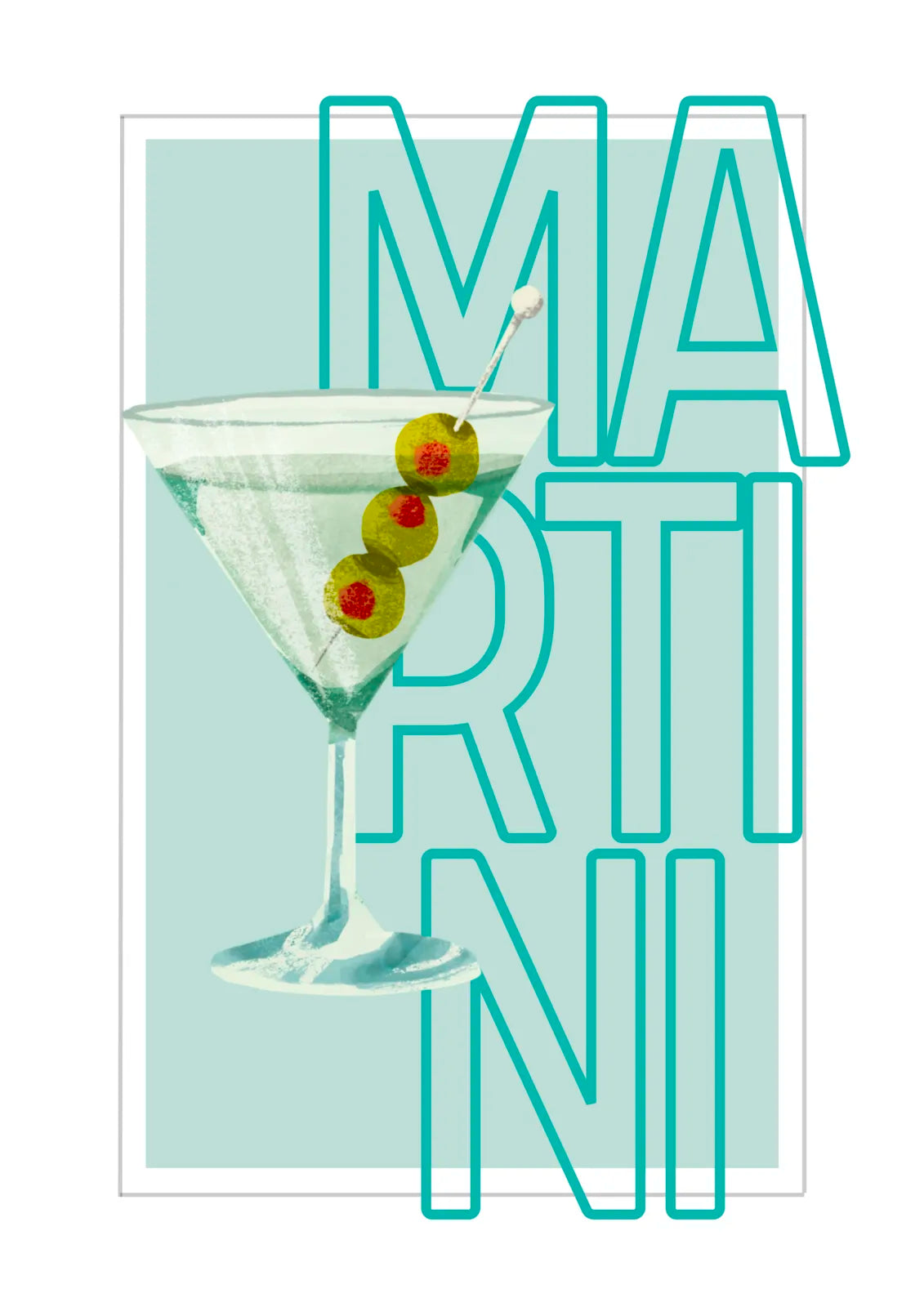 Martini Art Print – Minimalist Aqua Blue Retro Design 3