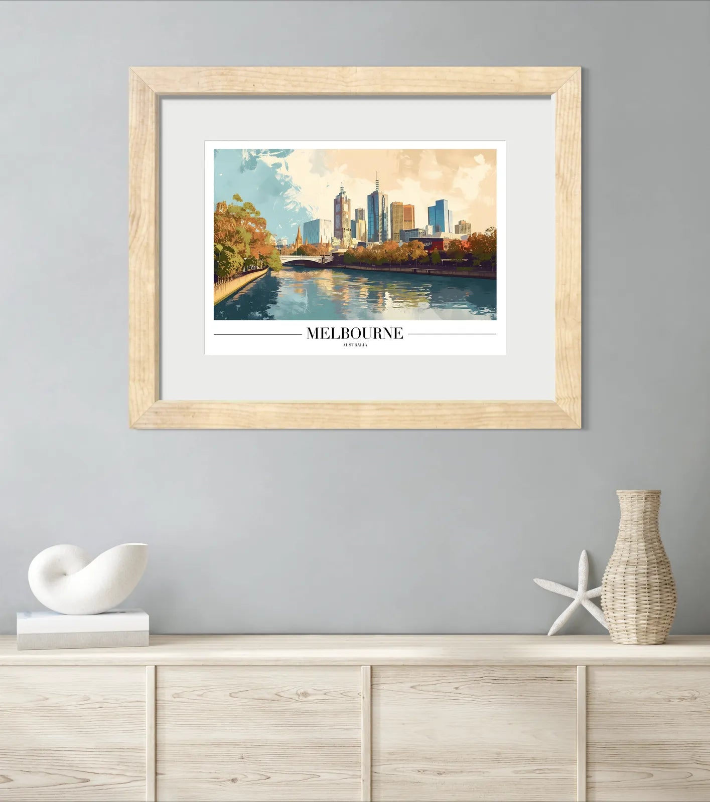 Melbourne River Yarra Art Print with Autumn Trees and Skyline 2