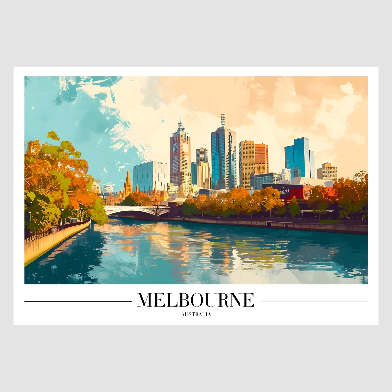 Melbourne River Yarra Art Print with Autumn Trees and Skyline 1