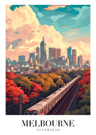 Melbourne Autumn Art Print With City Train And Skyscrapers 3