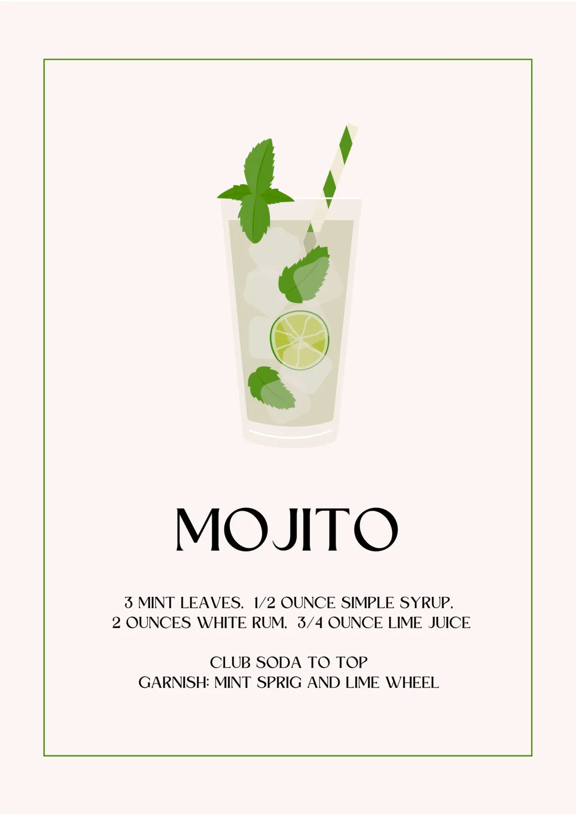 Mojito Art Print – Simple Green & White Cocktail Design 3