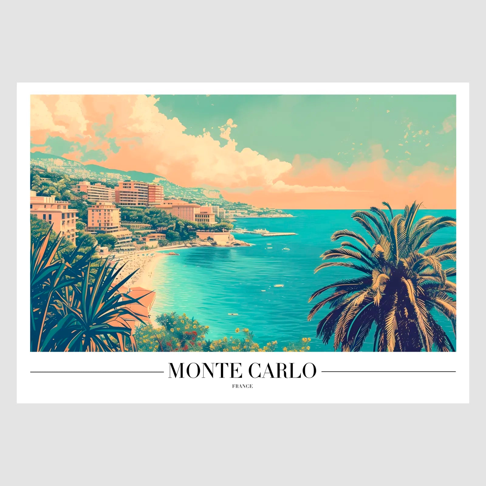 Monte Carlo Beach Art Print with Palms and Hillside Views 1