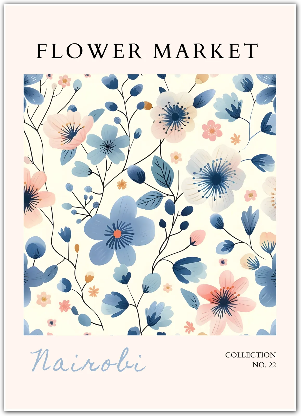 Nairobi Flower Market Art Print – Elegant Blue Botanicals with African Warmth