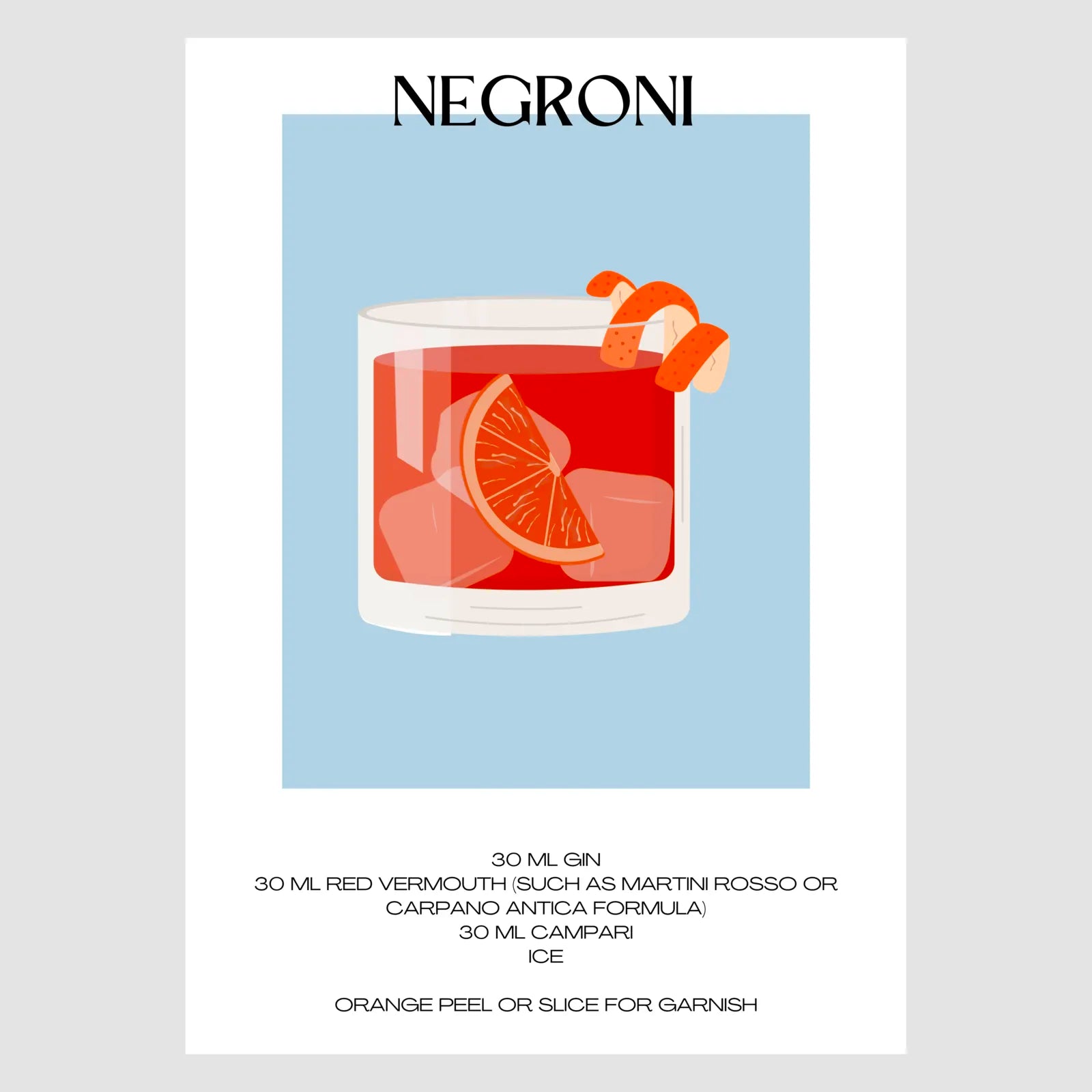 Negroni Art Print – Pale Blue & Black Cocktail Design 1