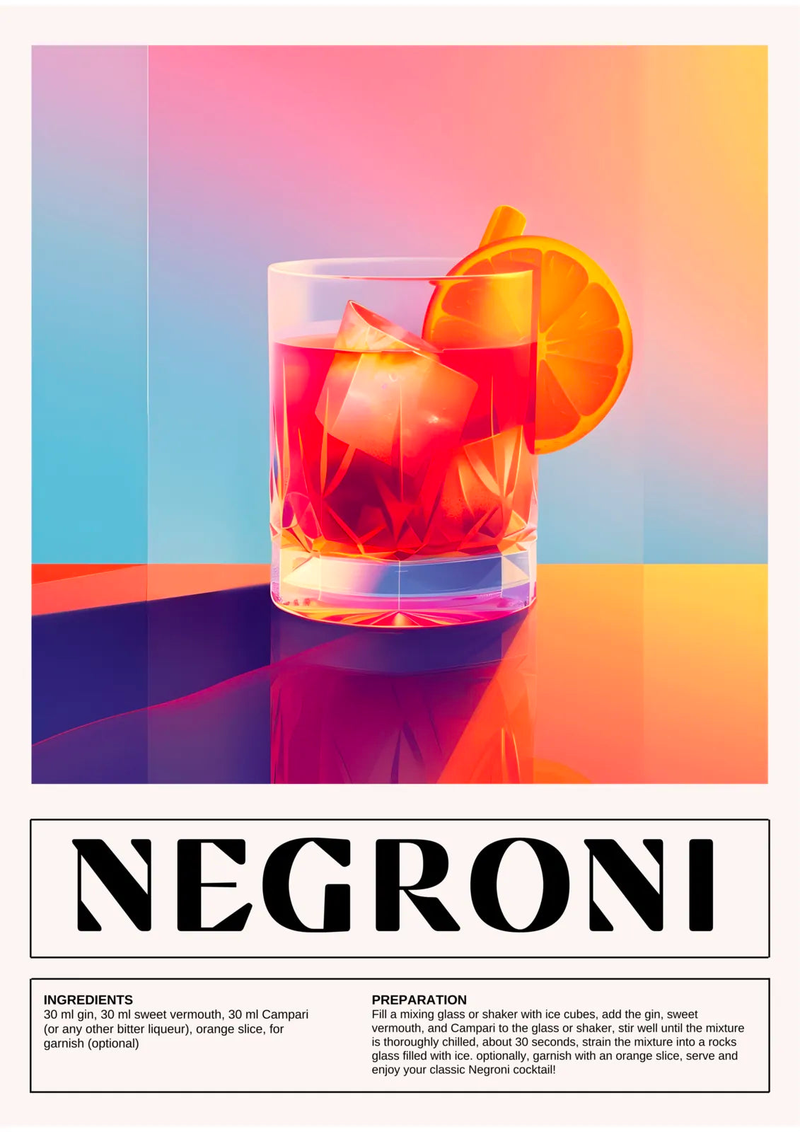 Negroni Art Print – Vibrant Colours & Reflections Cocktail Design 3