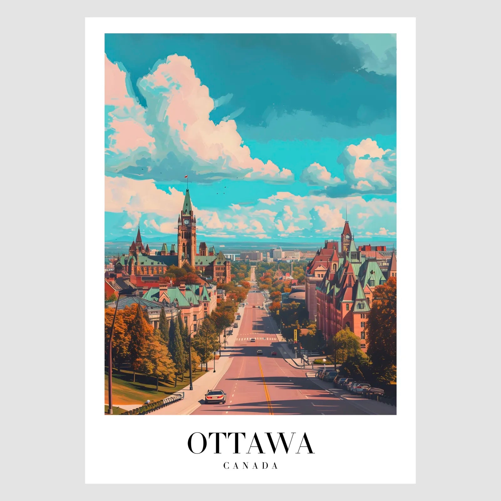 Ottawa Cityscape Art Print With Teal Roofs And Skyline 1