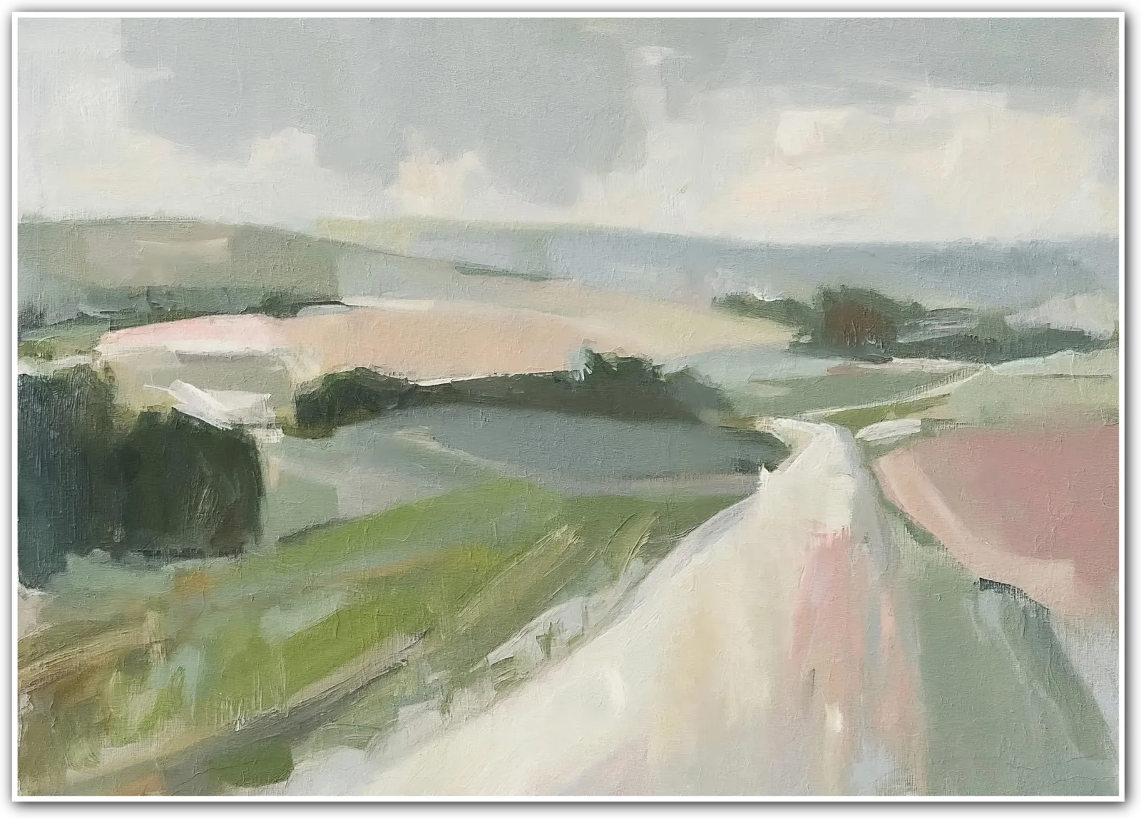 Windswept Road – A Journey Through Blush and Olive Fields