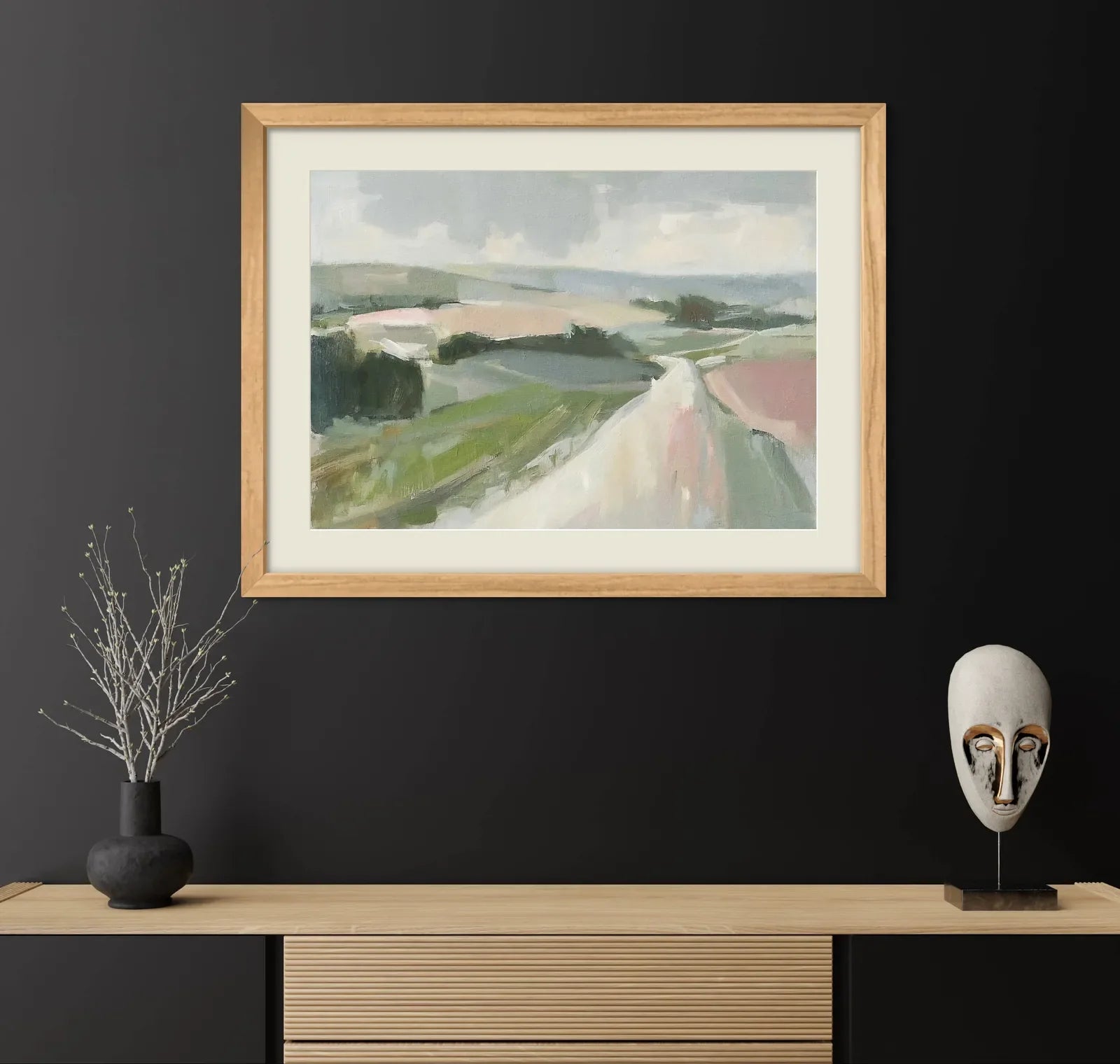 Windswept Road – A Journey Through Blush and Olive Fields