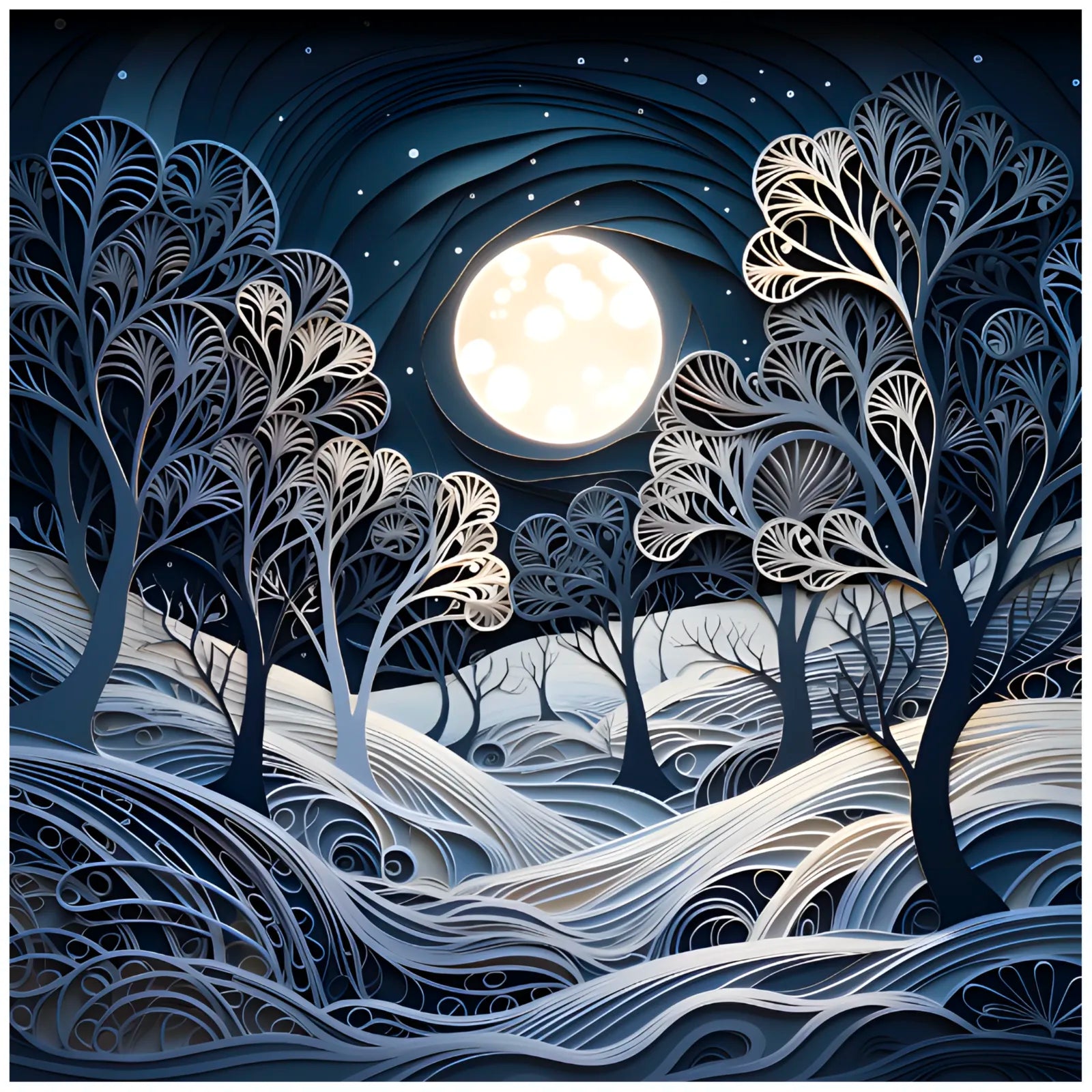 Moonlit Winter Trees Layered Paper Cutout Art Print 3