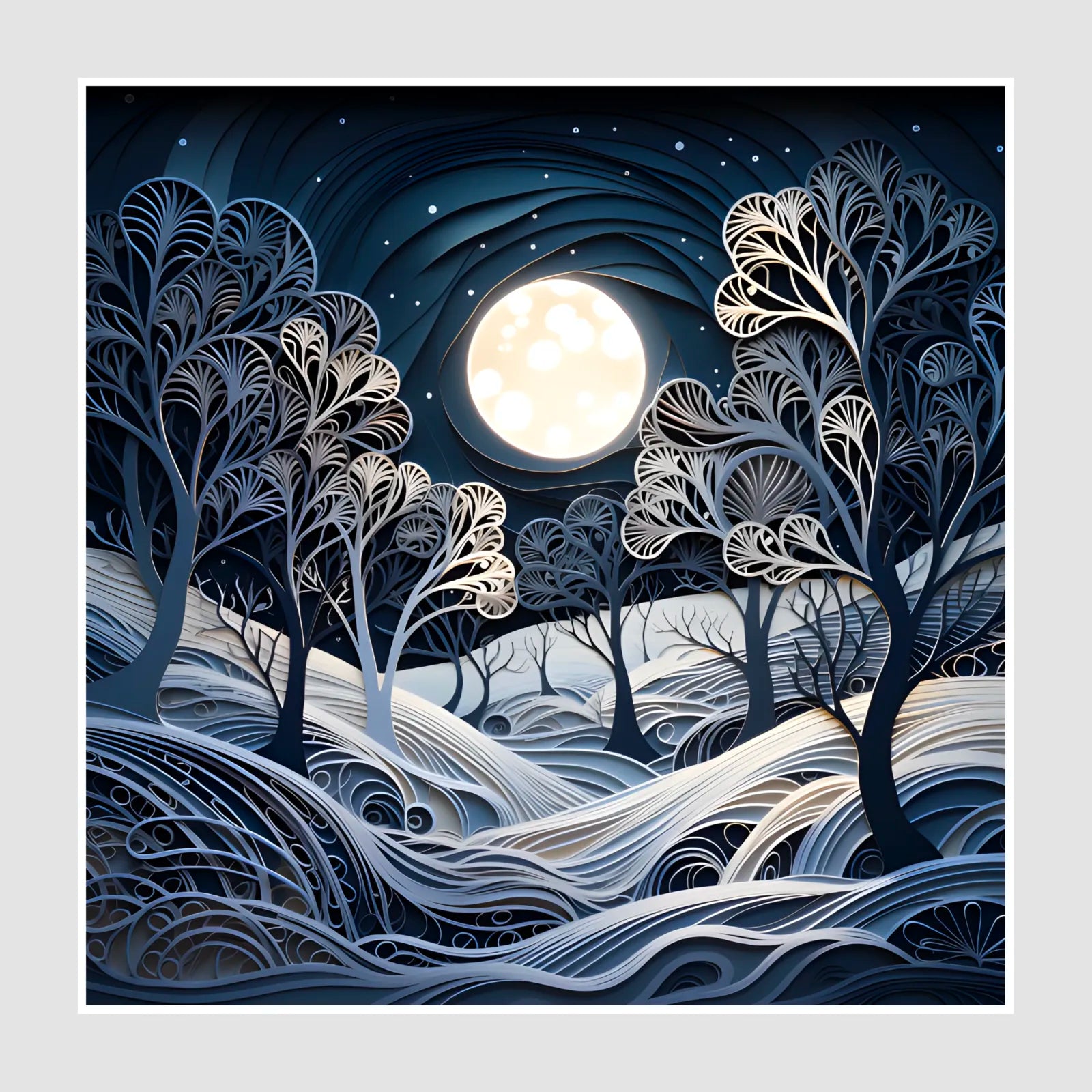 Moonlit Winter Trees Layered Paper Cutout Art Print 1