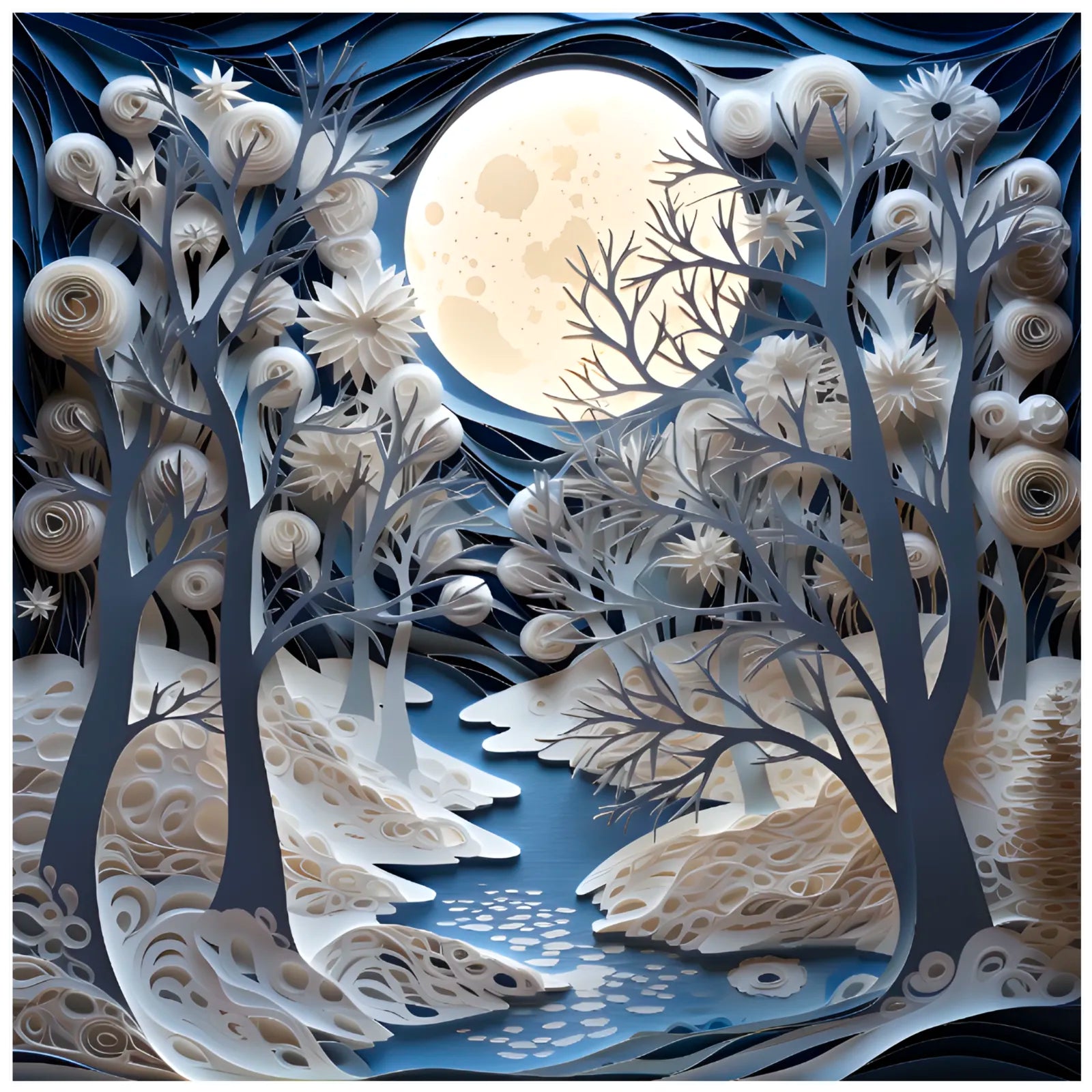 Moonlit Serenity: Layered Paper Cut-out Winter Art Print 3