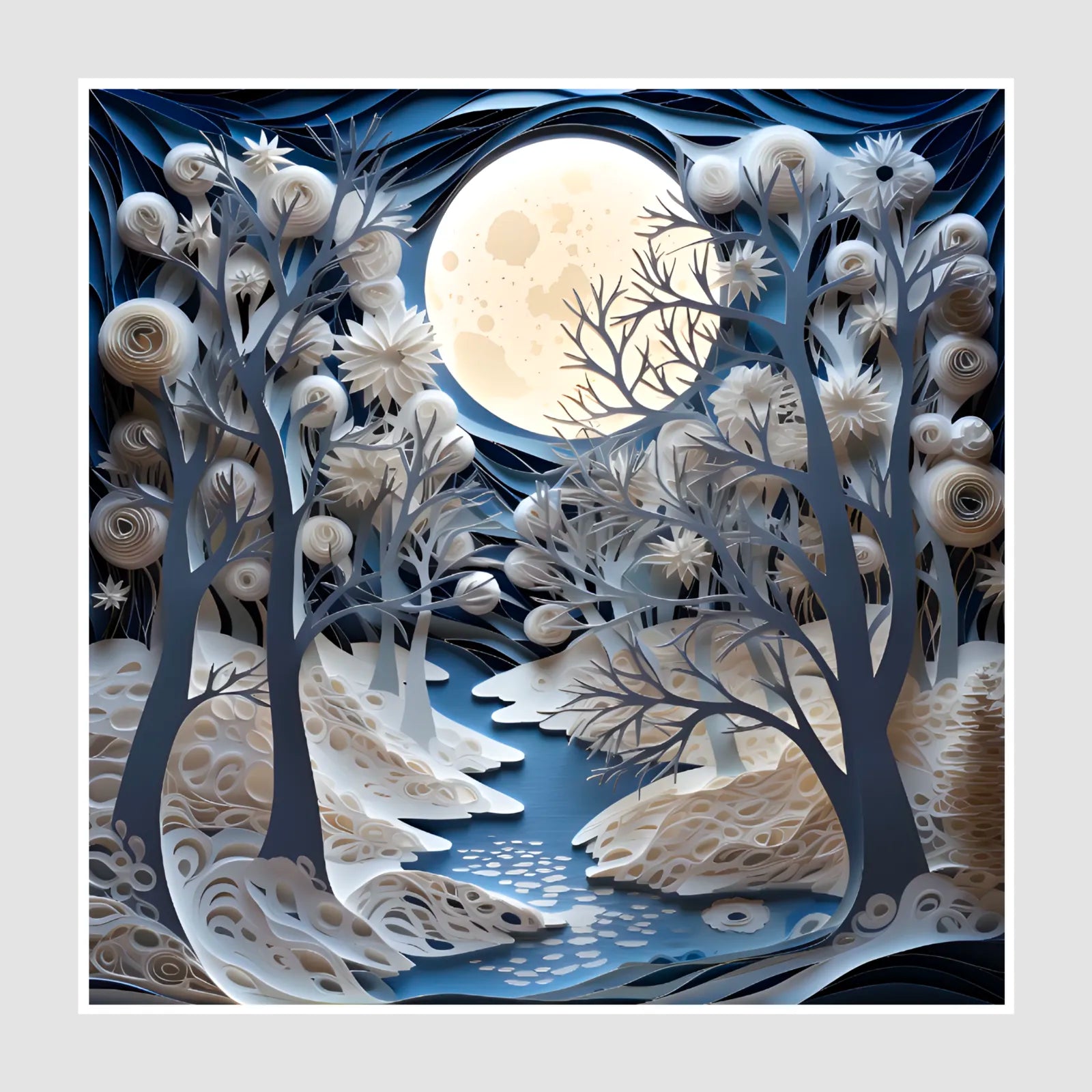 Moonlit Serenity: Layered Paper Cut-out Winter Art Print 1