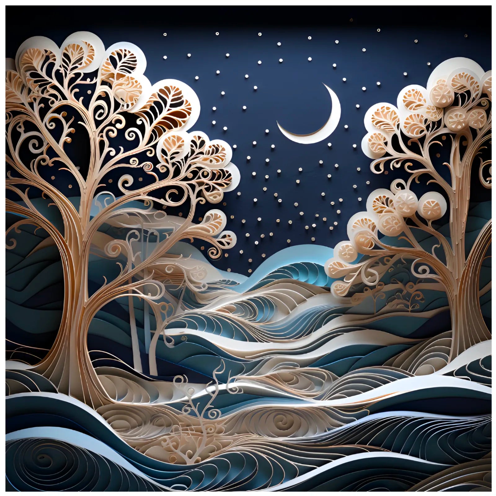 Lunar Whispers: Crescent Moon Layered Paper Cutout Art Print 3