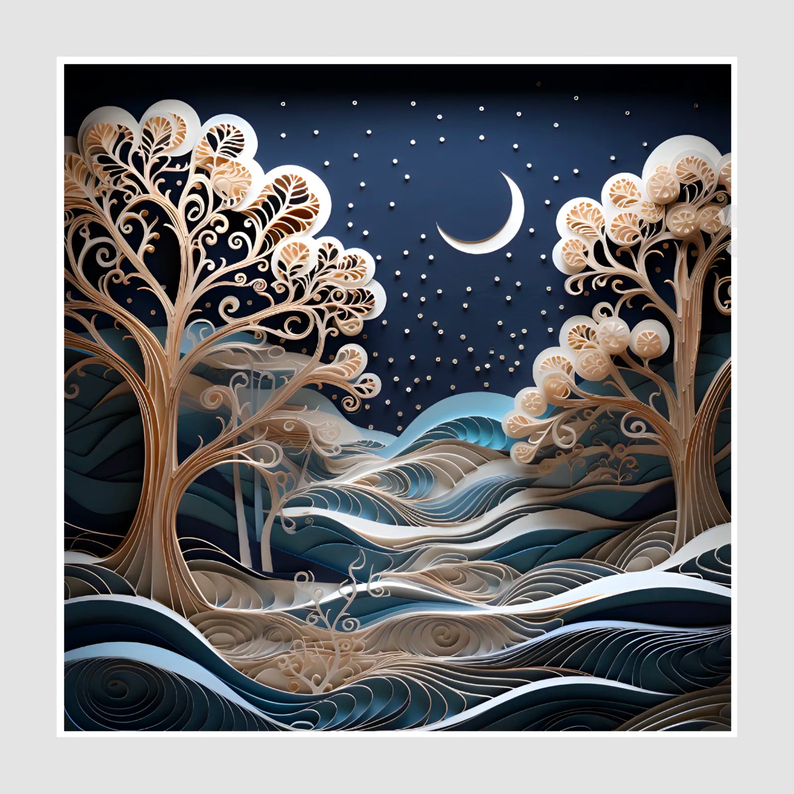 Lunar Whispers: Crescent Moon Layered Paper Cutout Art Print 1