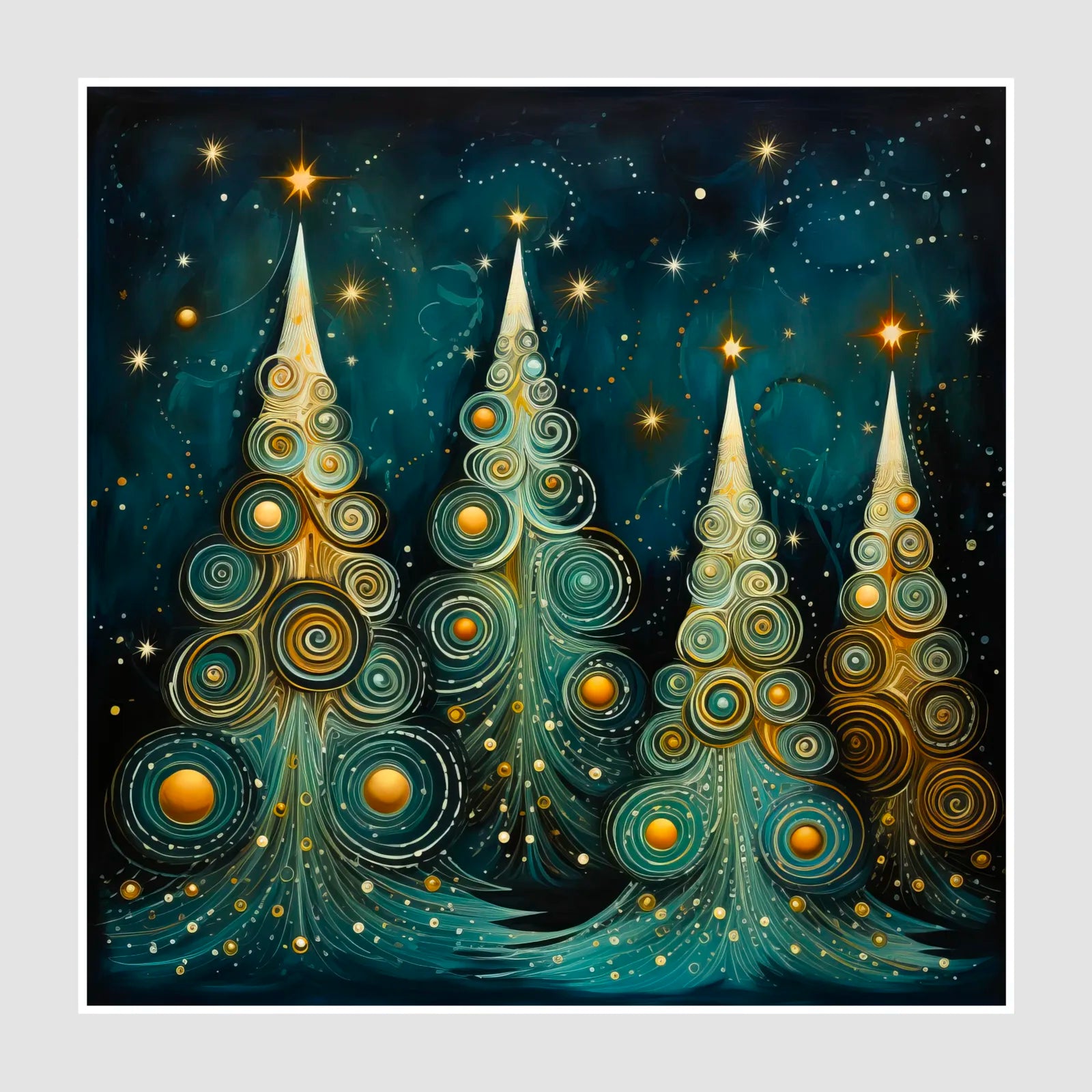 Elegant Teal & Gold Christmas Trees Art Print 1