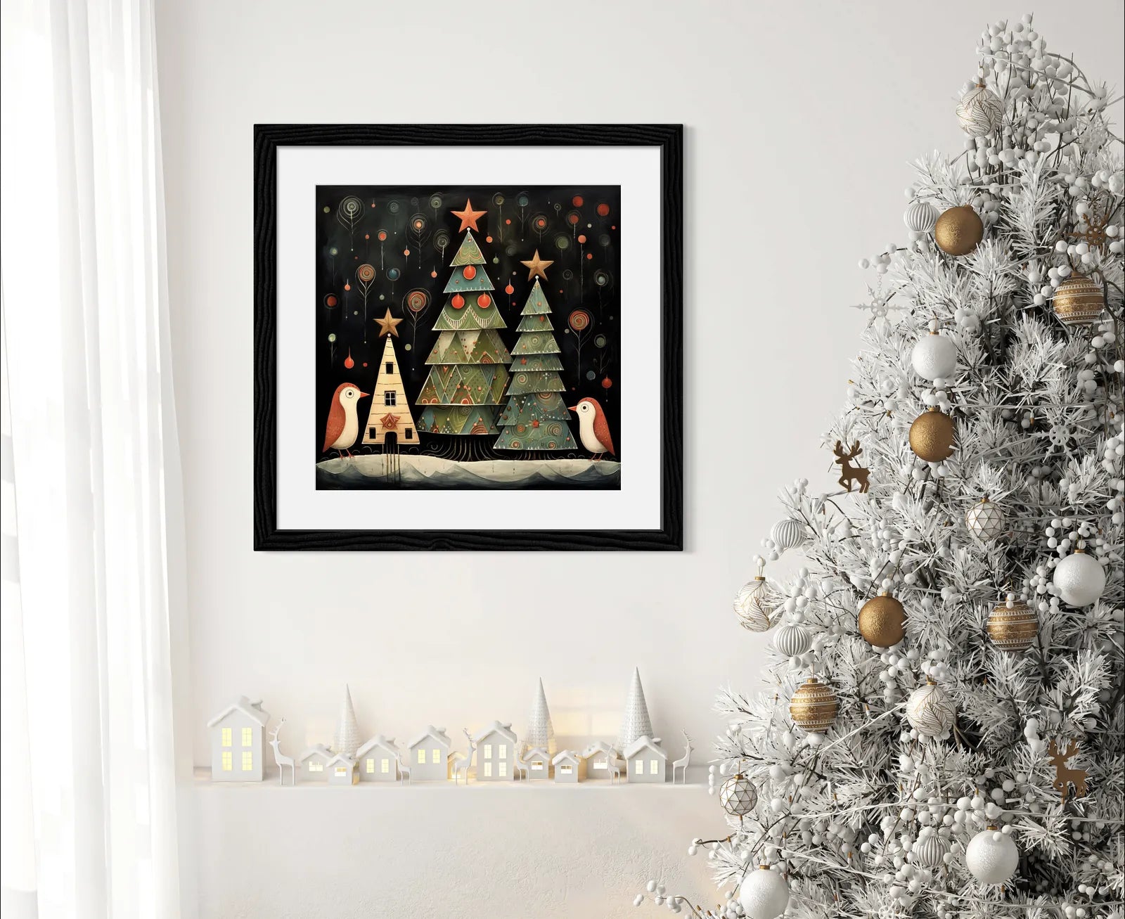 Vibrant Christmas Trees & Birds Festive Art Print 2