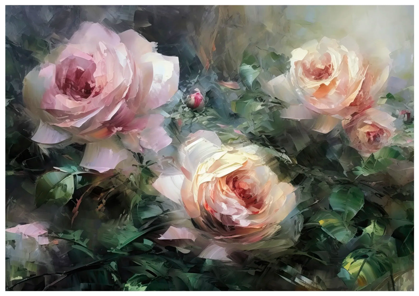 Pink, Peach, and Cream Roses Art Print with Green Foliage 3