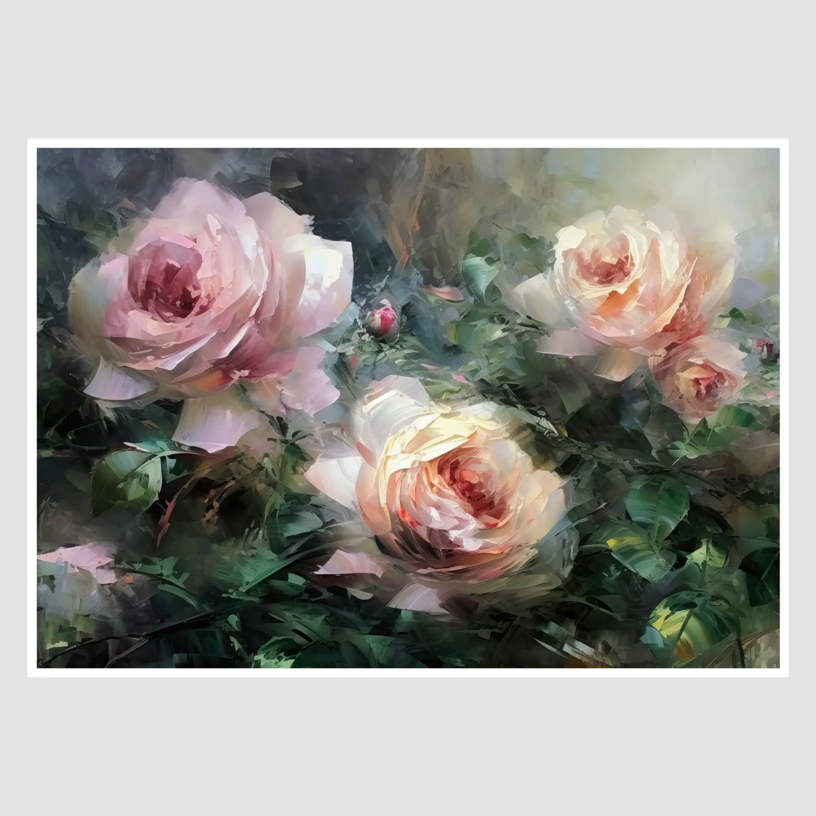 Pink, Peach, and Cream Roses Art Print with Green Foliage 1