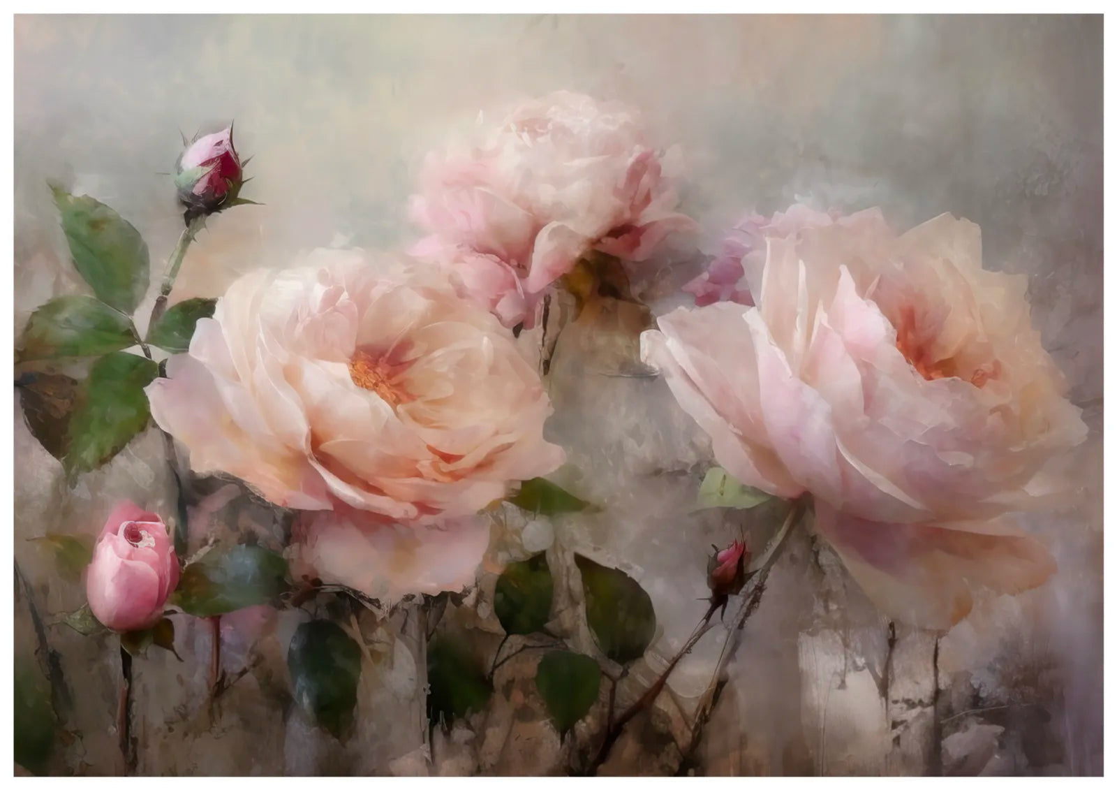 Soft Pink Roses Art Print with Mystical Grey Background 3