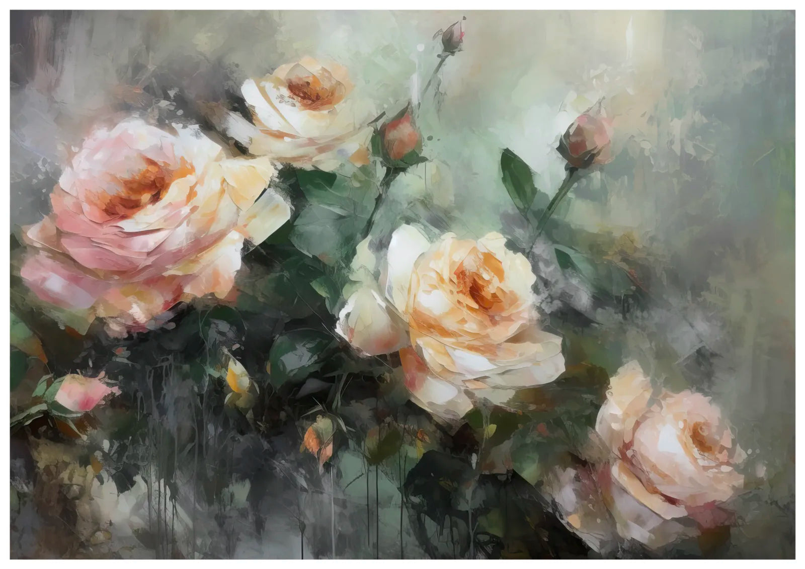 Pink and Yellow Roses Art Print with Palette Knife Detail 3