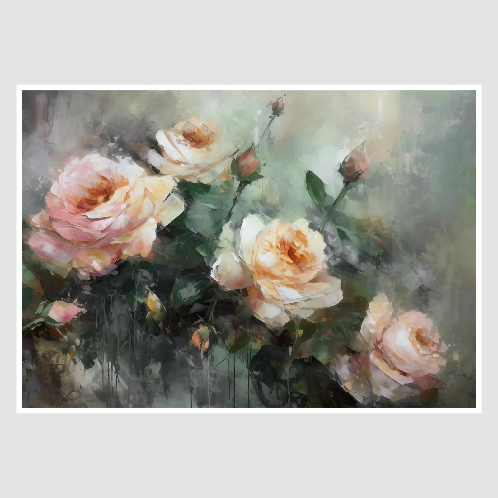 Pink and Yellow Roses Art Print with Palette Knife Detail 1