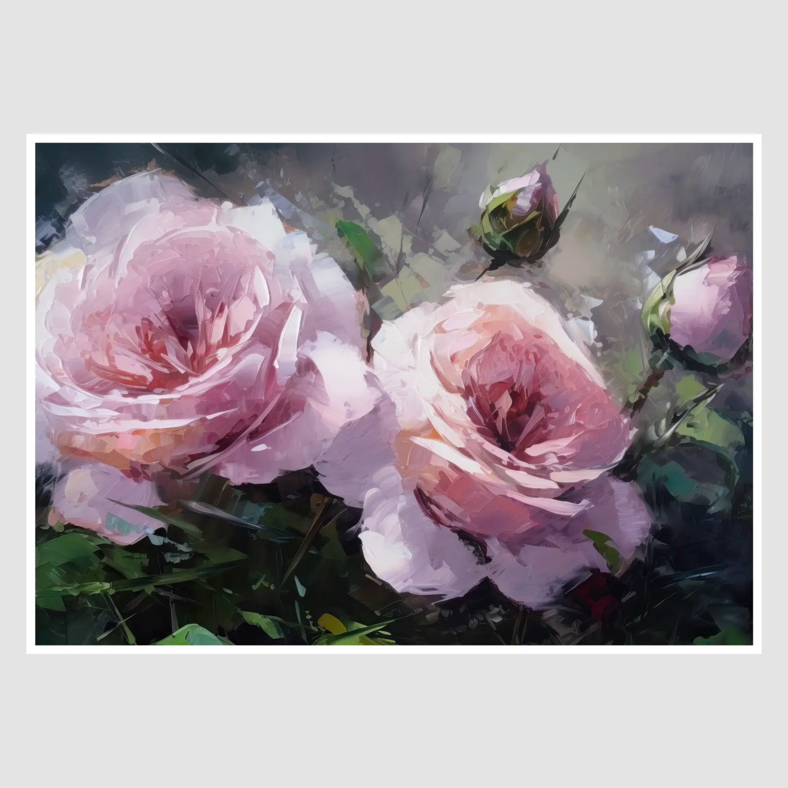 Pastel Pink Roses Art Print with Lush Green Background 1