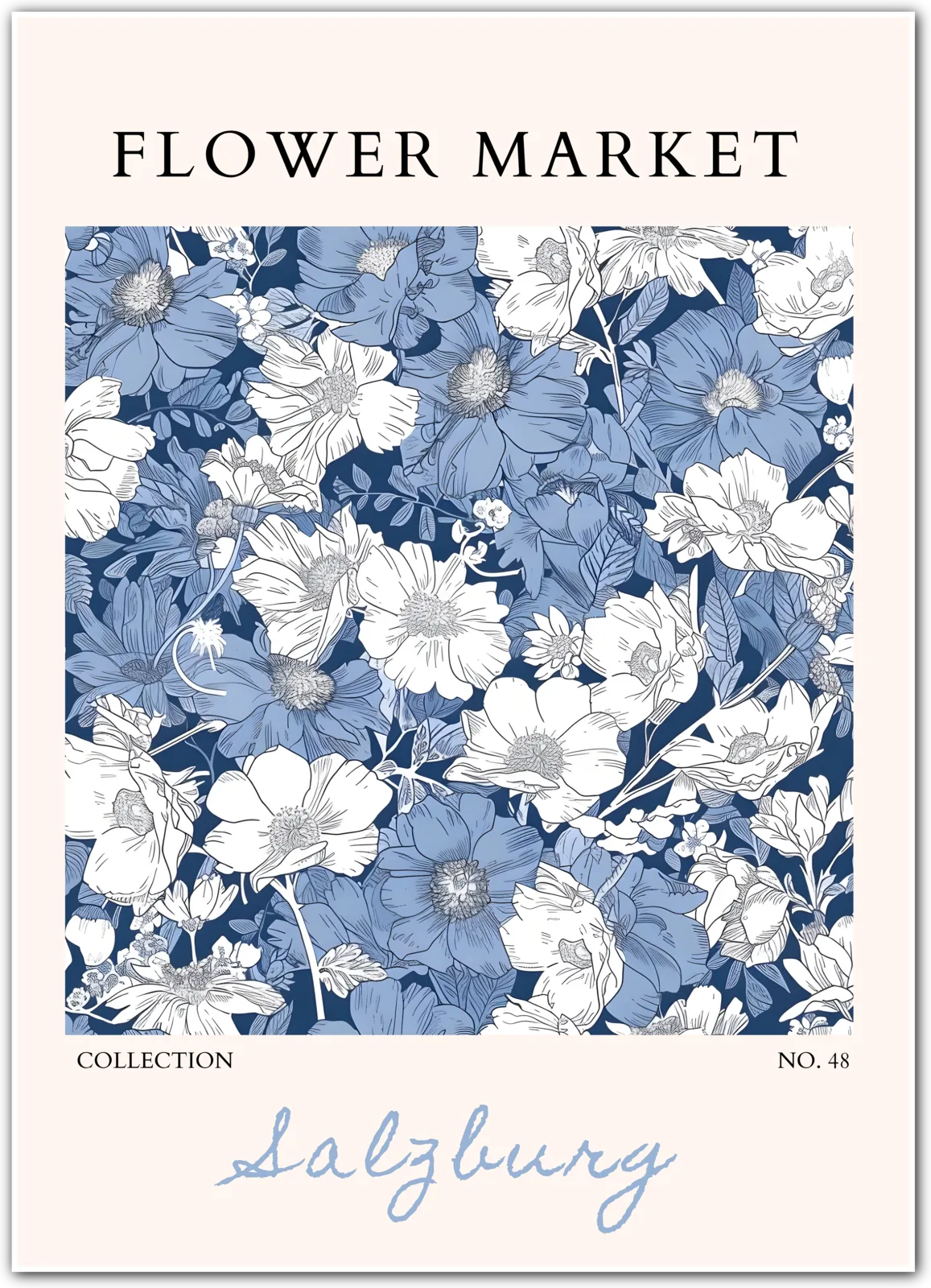 Blue Florals of Salzburg – Hand-Drawn European Garden Print