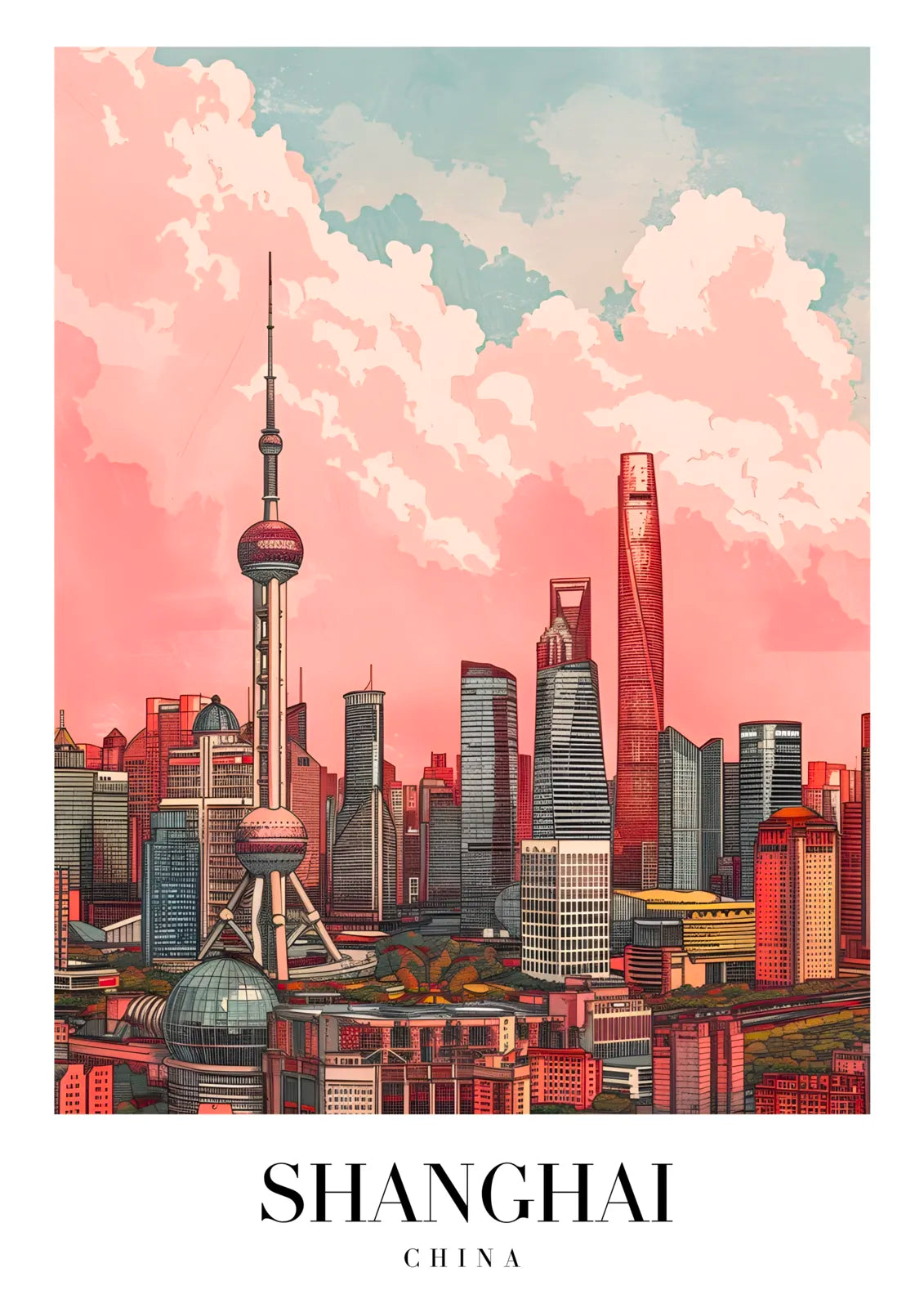 Shanghai Skyline Art Print With Oriental Pearl Tower In Reds 3