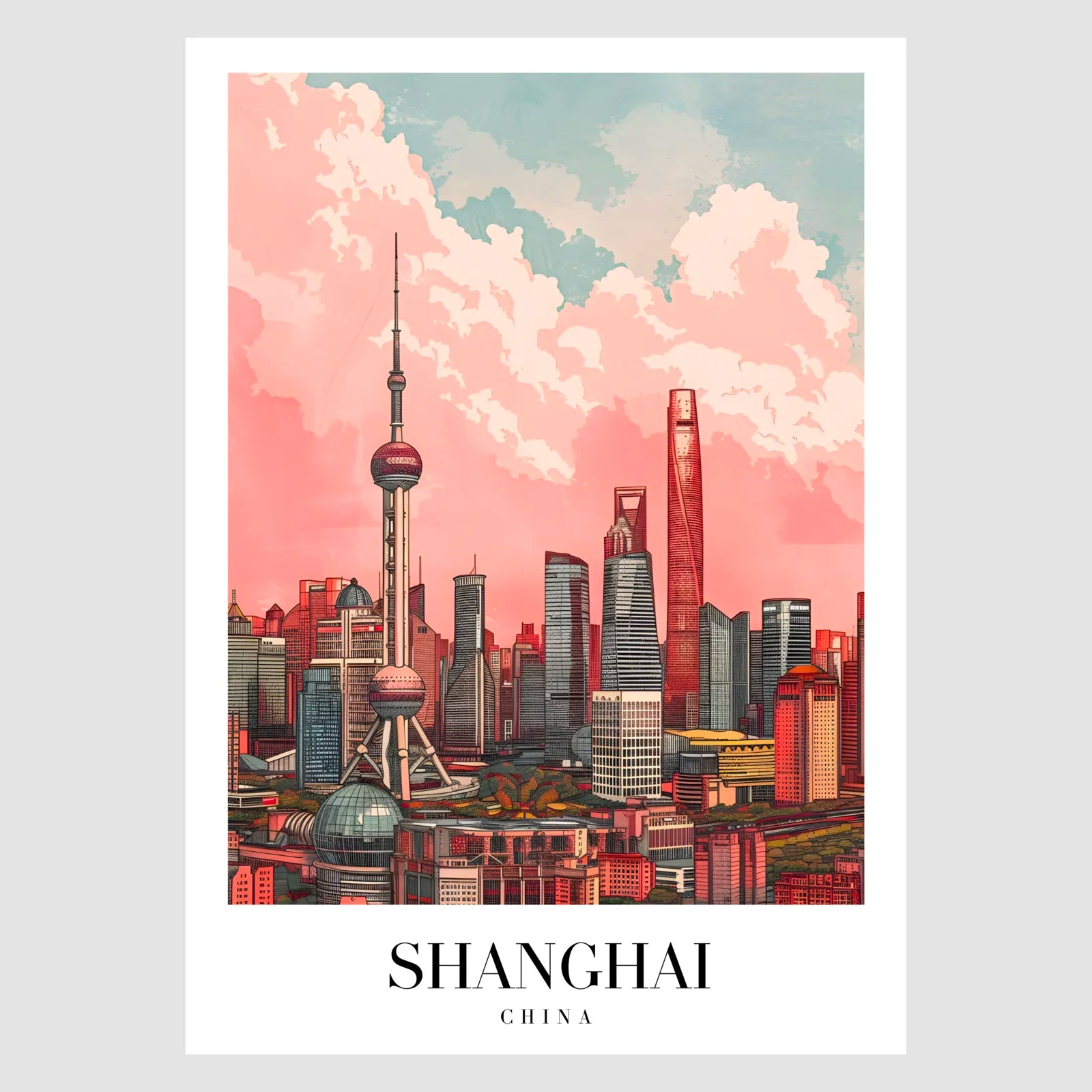 Shanghai Skyline Art Print With Oriental Pearl Tower In Reds 1