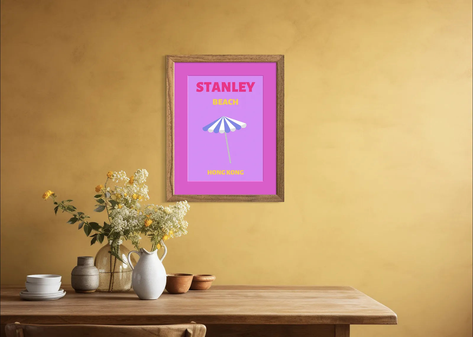 Stanley Beach Hong Kong Art Print – Retro Coastal Umbrella Design