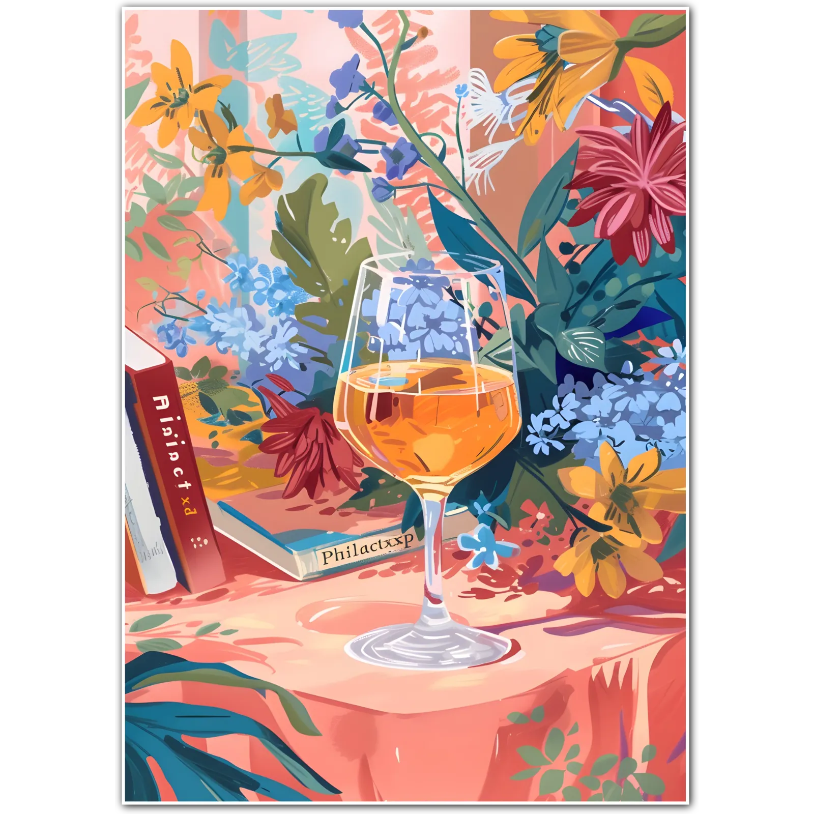 Floral Still Life with Wine – Vibrant Botanical Art Print