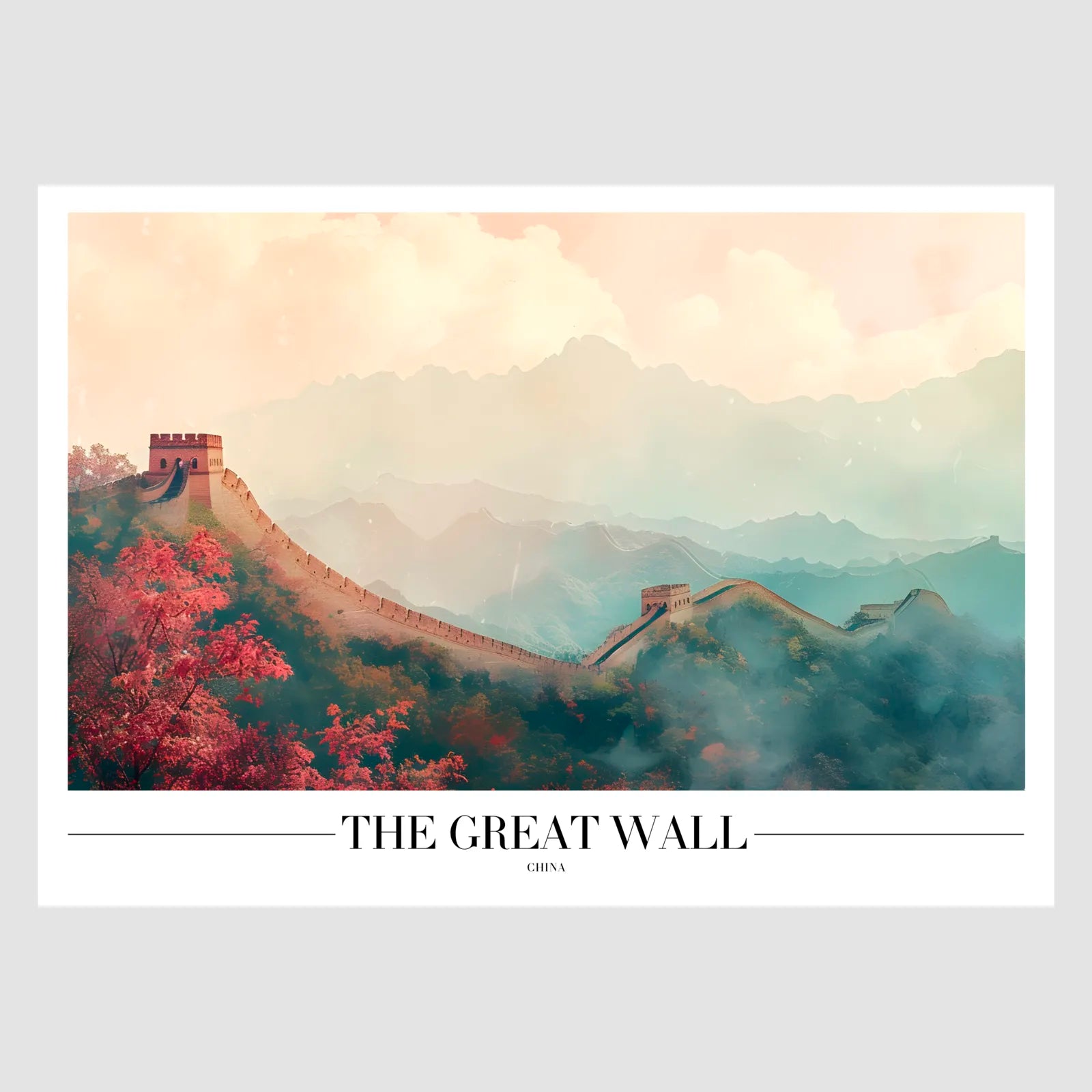 Great Wall of China Art Print with Misty Hills and Red Foliage 1