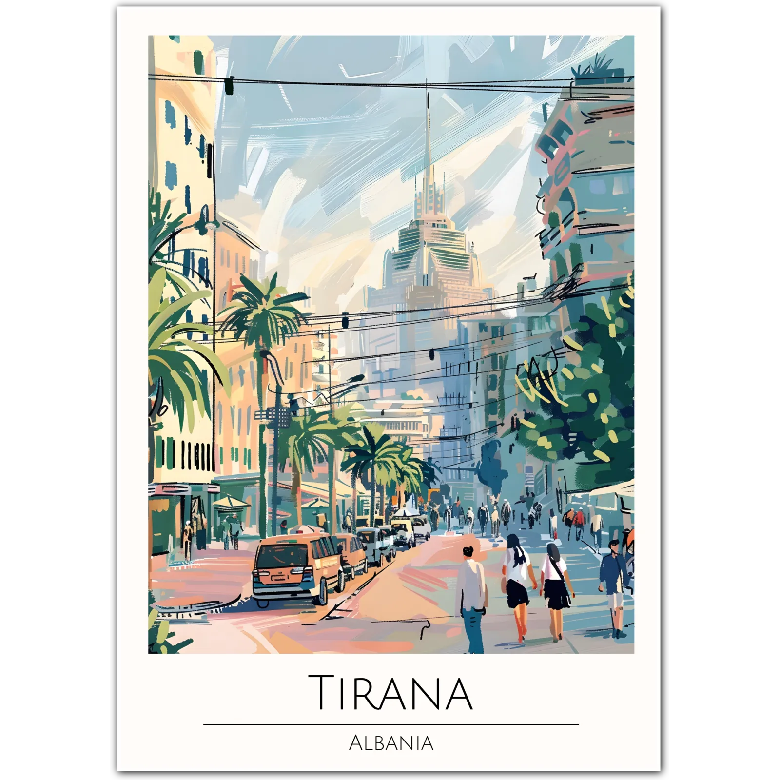 Tirana Art Print – Modern Albanian Cityscape and Vibrant Street Life