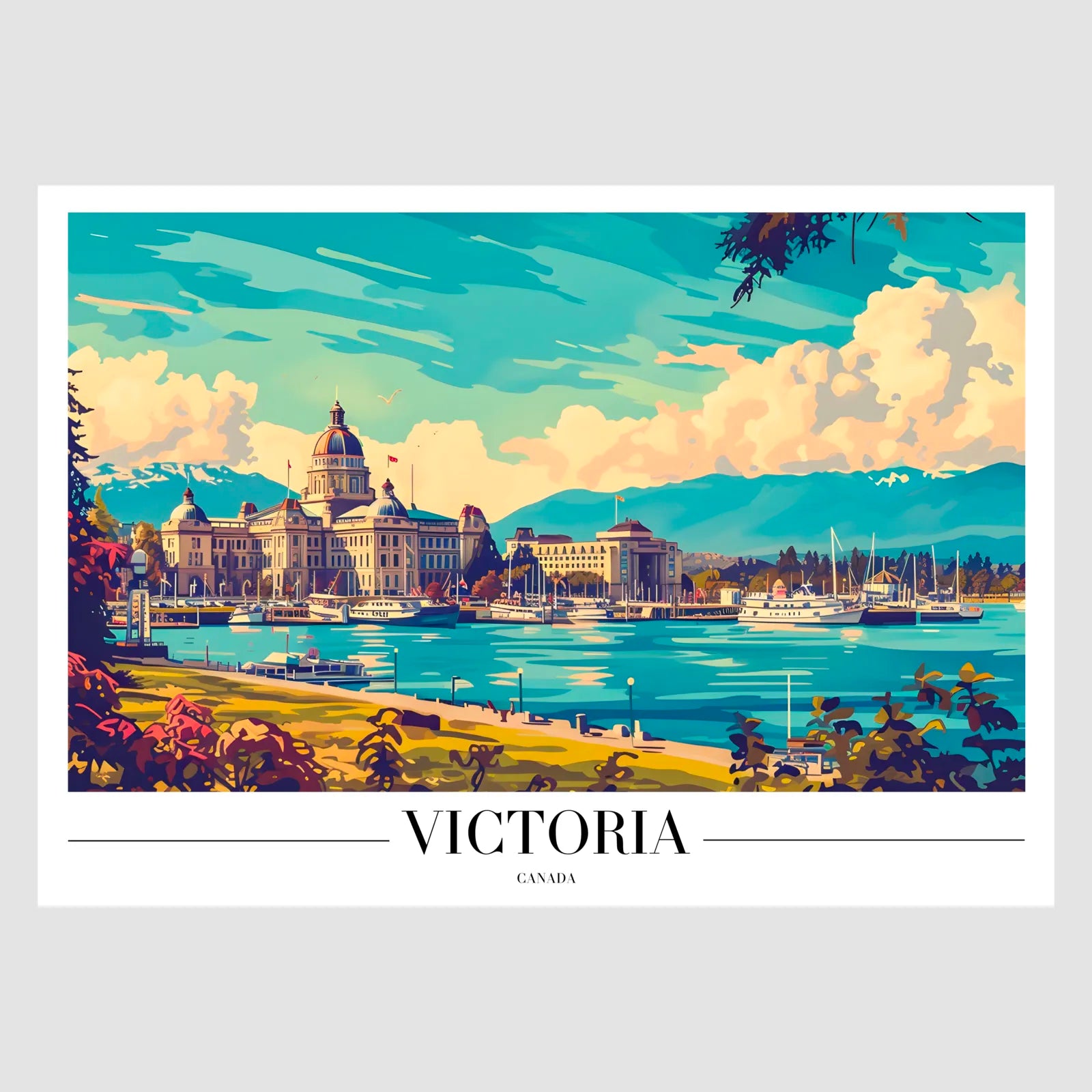 Victoria Waterside Art Print with Government Buildings and Boats 1