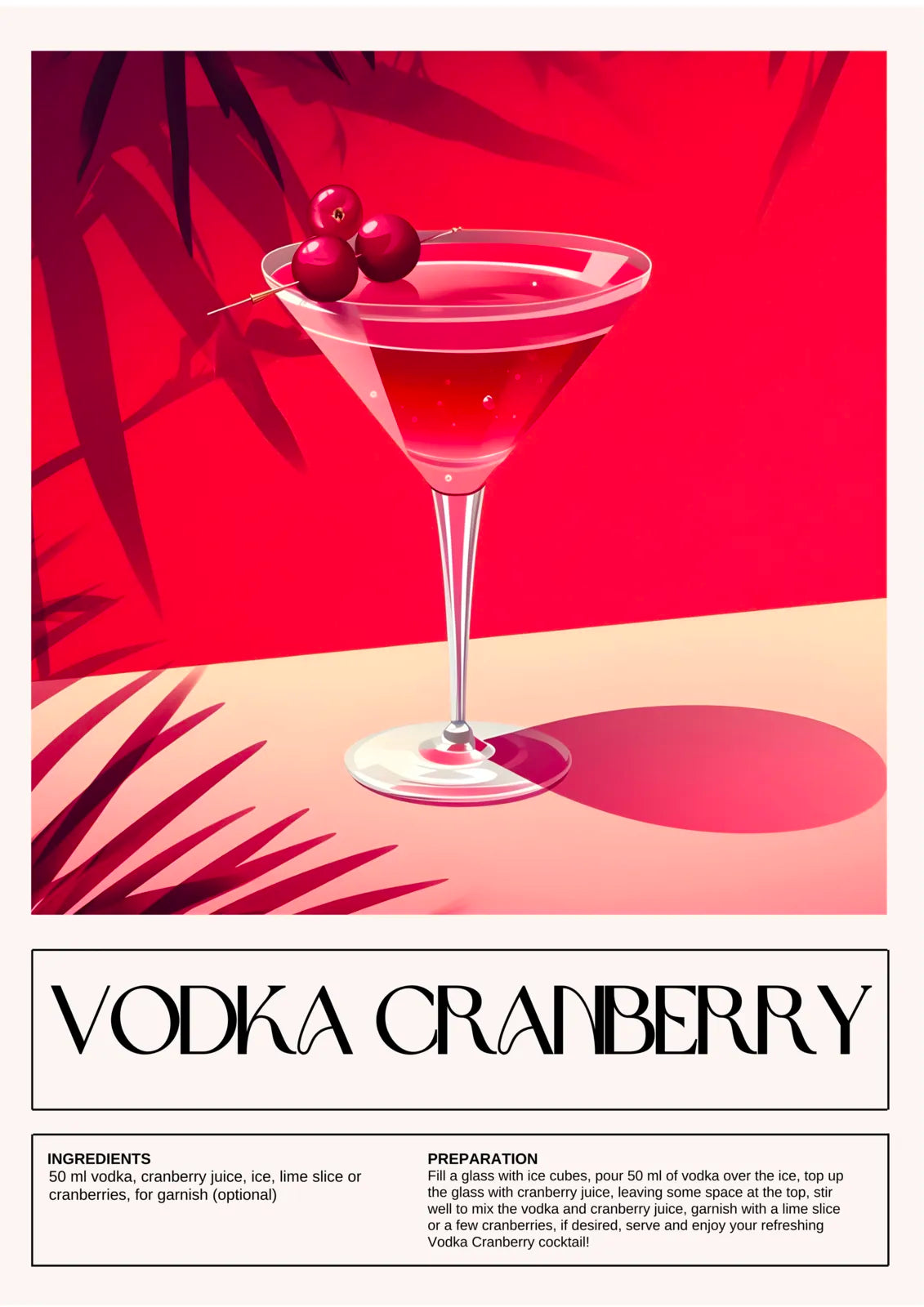 Vodka Cranberry Art Print – Red & Cream Shadowed Cocktail Design 3