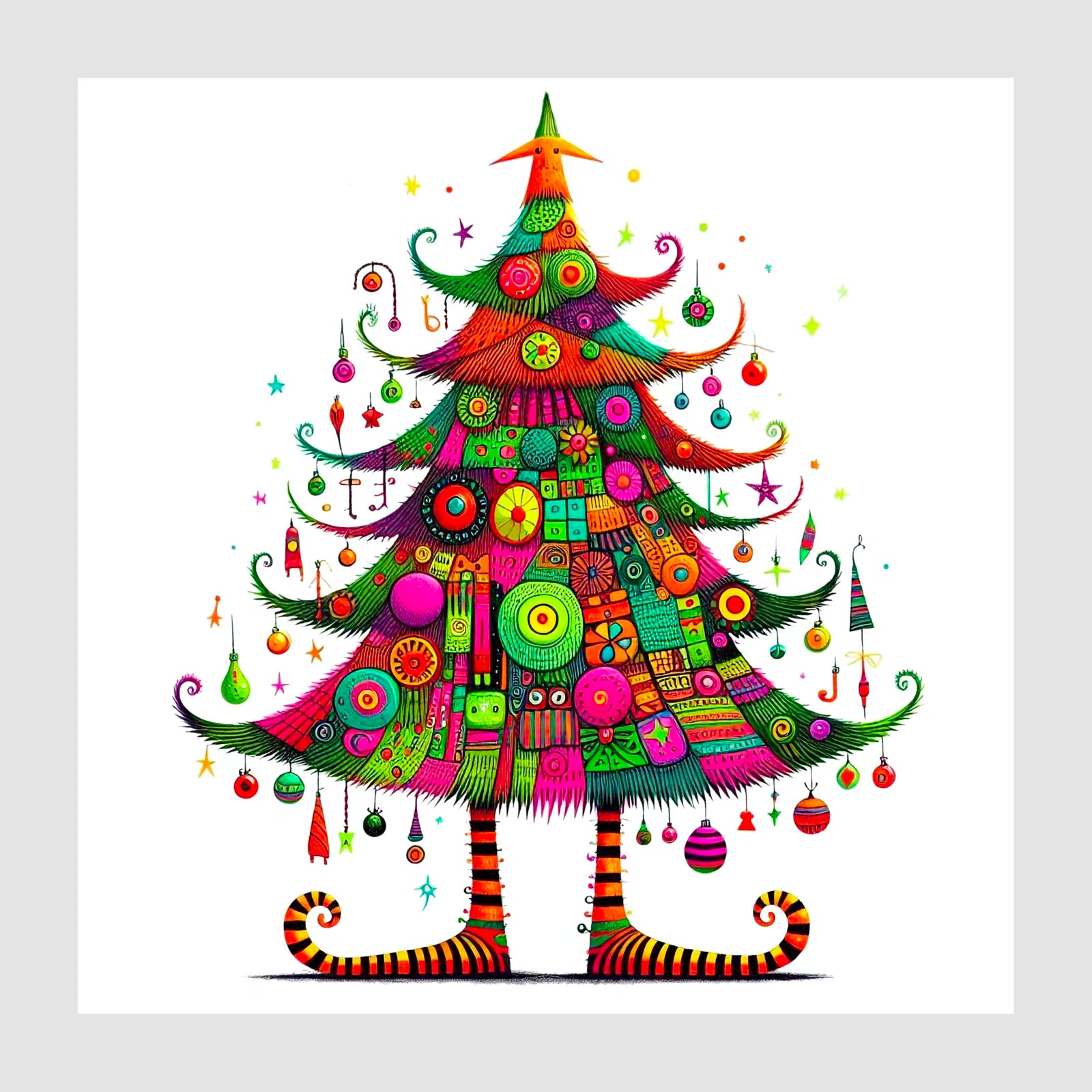 Quirky Fabric-Style Christmas Tree Art Print 1